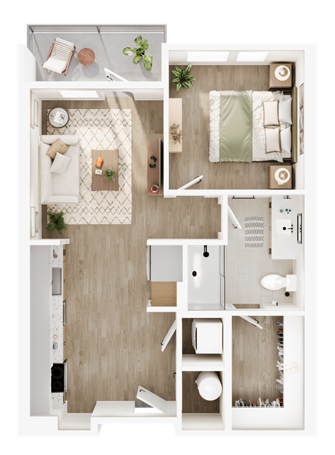 Floor plan for 1 bed, 1 bath, 671 sqft