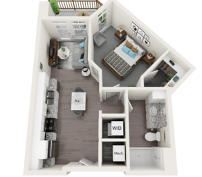 Floor plan for 1 bed, 1 bath, 662 sqft