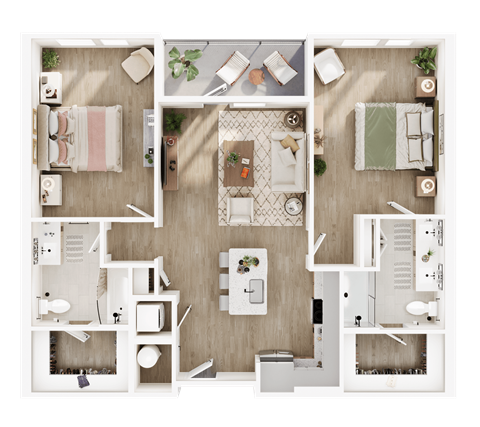 Floor plan for 2 beds, 2 baths, 1232 sqft