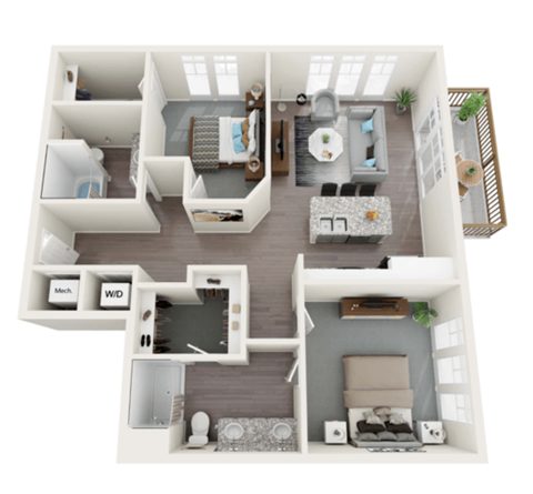 Floor plan for 2 beds, 2 baths, 1255 sqft