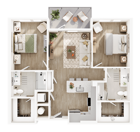 Floor plan for 2 beds, 2 baths, 1047 sqft