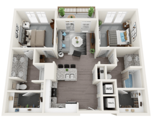 Floor plan for 2 beds, 2 baths, 1054 sqft