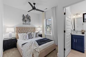 Charlotte townhouse for rent - a bedroom with a bed and a ceiling fan at The Collection Charlotte in Charlotte, NC, 28205