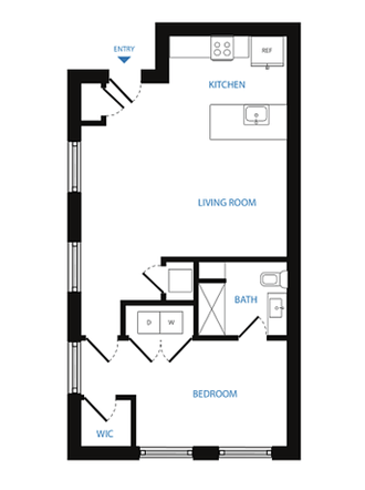 Floor plan for 1 bed, 1 bath, 724 sqft