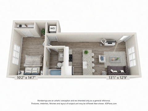 Floor plan for 1 bed, 1 bath, 675 sqft