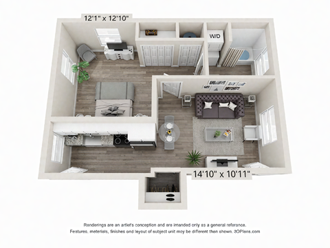 Floor plan for 1 bed, 1 bath, 602 sqft