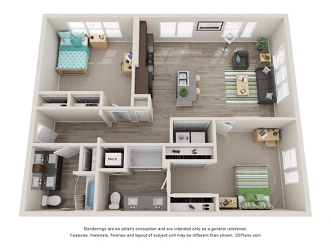 Floor plan for 2 beds, 2 baths, 1220 sqft
