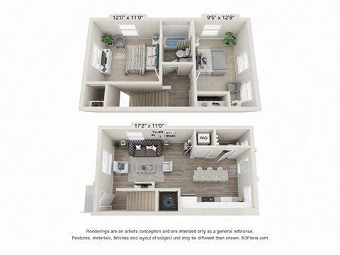 Floor plan for 2 beds, 1.5 baths, 940 sqft