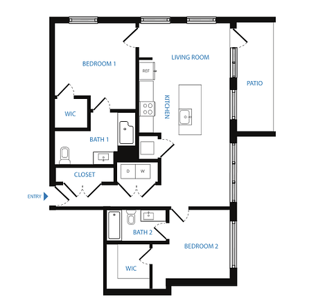 Floor plan for 2 beds, 2 baths, 1031 sqft