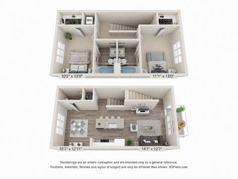 Floor plan for 2 beds, 2.5 baths, 1063 sqft