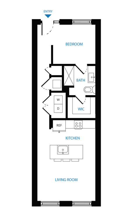 Floor plan for 1 bed, 1 bath, 678 sqft