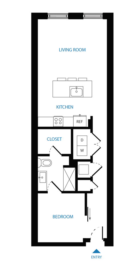 Floor plan for 1 bed, 1 bath, 743 sqft