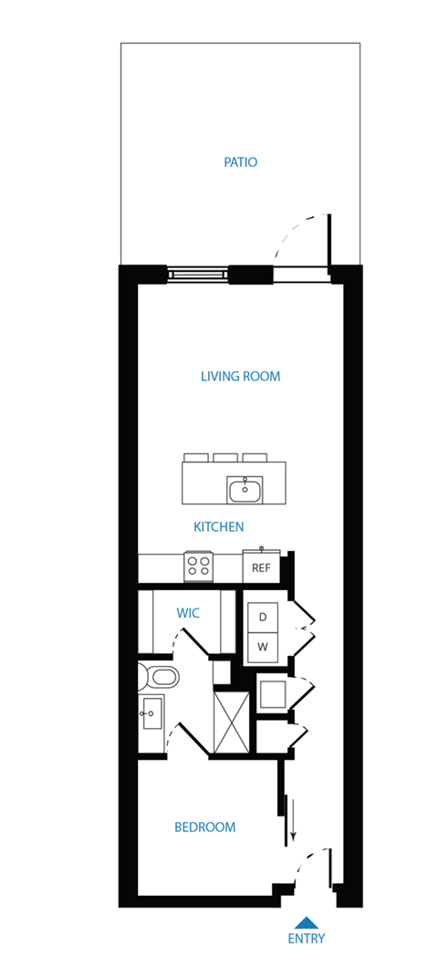 Floor plan for 1 bed, 1 bath, 748 sqft