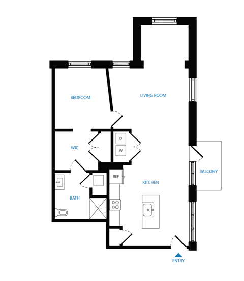Floor plan for 1 bed, 1 bath, 724 sqft
