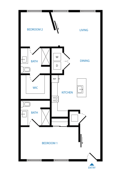 Floor plan for 2 beds, 2 baths, 1010 sqft