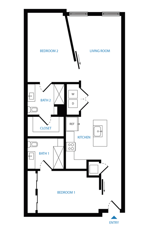 Floor plan for 2 beds, 2 baths, 1149 sqft