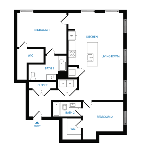 Floor plan for 2 beds, 2 baths, 1308 sqft