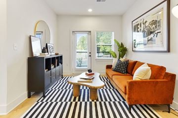 Spartanburg apartment for rent - A living room with a brown couch and a black and white striped rug.