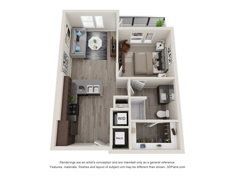 Floor plan for 1 bed, 1 bath, 675 sqft