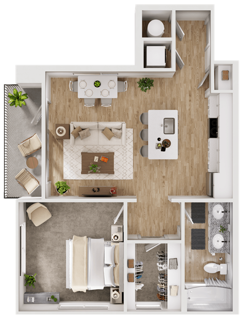 Floor plan for 1 bed, 1 bath, 707 sqft