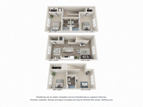 Floor plan for 3 beds, 3.5 baths, 1990 sqft