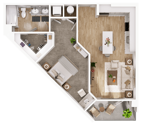 Floor plan for 1 bed, 1 bath, 717 sqft