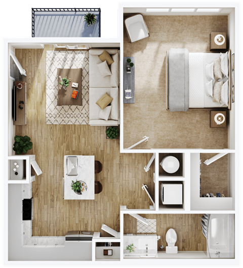 Floor plan for 1 bed, 1 bath, 670 sqft