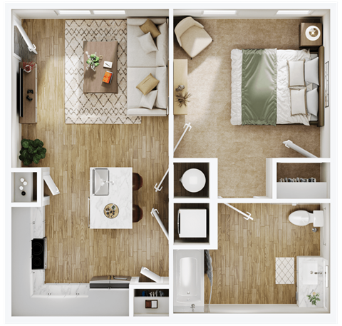 Floor plan for 1 bed, 1 bath, 651 sqft