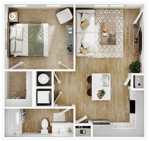 Floor plan for 1 bed, 1 bath, 651 sqft