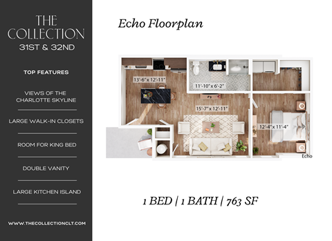 Floor plan for 1 bed, 1 bath, 763 sqft