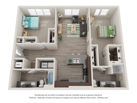 Floor plan for 2 beds, 2 baths, 1220 sqft