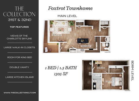 Floor plan for 1 bed, 1.5 baths, 1305 sqft