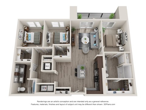 Floor plan for 3 beds, 2 baths, 1317 sqft