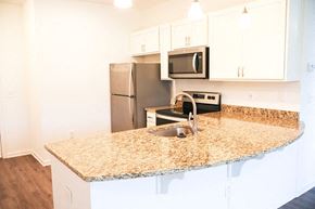 Charlotte apartment for rent - A kitchen with granite countertops and stainless steel appliances.