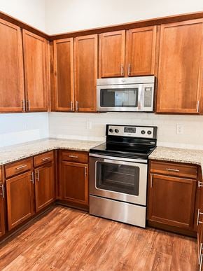Charlotte apartment for rent - a kitchen with wooden cabinets and stainless steel appliances