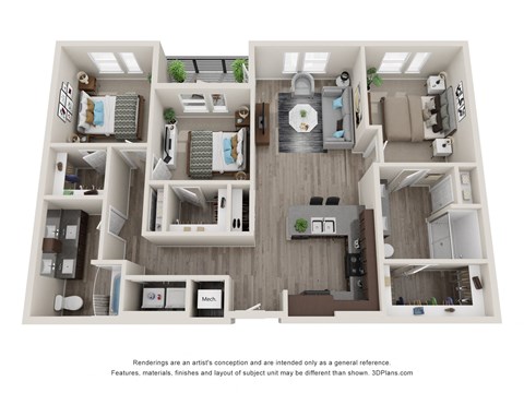 Floor plan for 3 beds, 2 baths, 1295 sqft