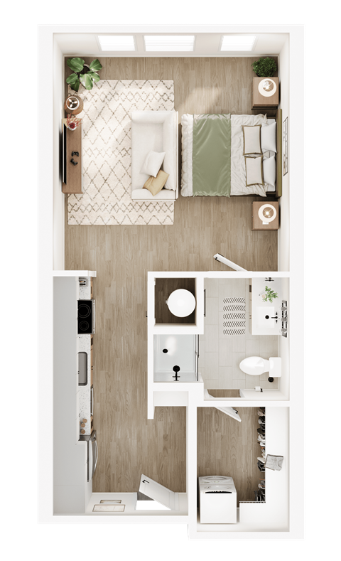 Floor plan for 1 bed, 1 bath, 513 sqft