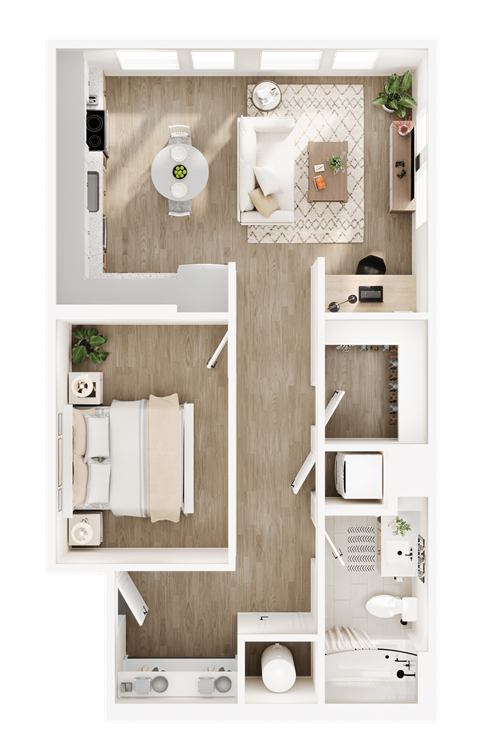 Floor plan for 1 bed, 1 bath, 728 sqft