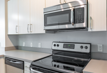 Kitchen with cabinets and white interior as well as appliances