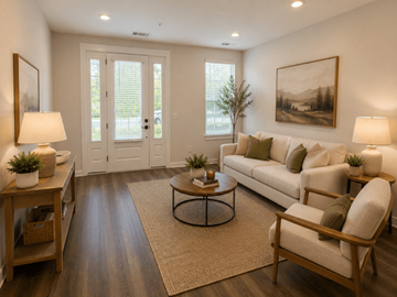 Charlotte townhouse for rent - A living room with a white couch, a coffee table, and a painting on the wall.