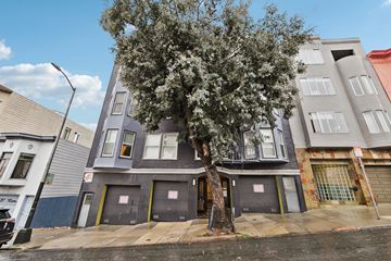 San Francisco apartment for rent - A tree in front of a grey building with a car parked in front of it.