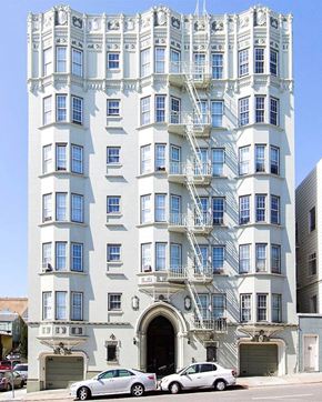 San Francisco apartment for rent - A white building with blue trim and windows.