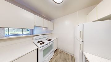 San Francisco apartment for rent - A white kitchen with a stove and a refrigerator.