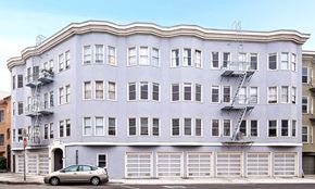 San Francisco apartment for rent - Front exterior view of the apartment building at 225 Mallorca Way, San Francisco, CA 94123, USA