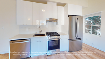 Berkeley apartment for rent - A kitchen with white cabinets and stainless steel appliances.