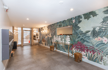 San Francisco apartment for rent - A room with a large mural of tropical plants on the wall.