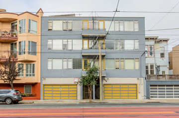 San Francisco apartment for rent - A grey building with a yellow garage door in front.