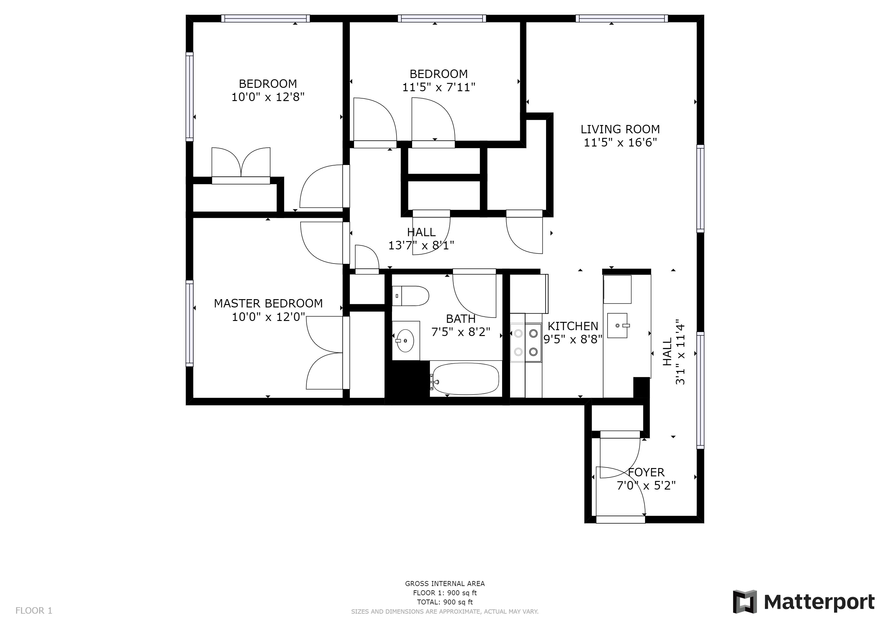 Floor plan for 3 beds, 2 baths, 1116 sqft