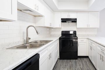 Indianapolis apartment for rent - A black dishwasher is in a white kitchen.