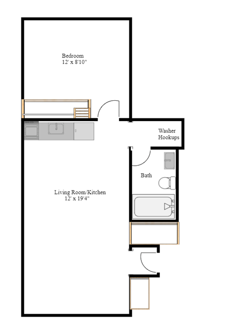 Floor plan for 1 bed, 1 bath, 543 sqft